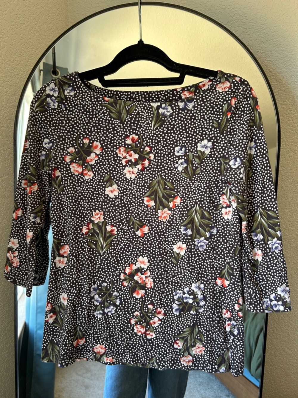 LOFT Floral Polka Dot Stretch Knit Top - Black with Pink & Green Floral